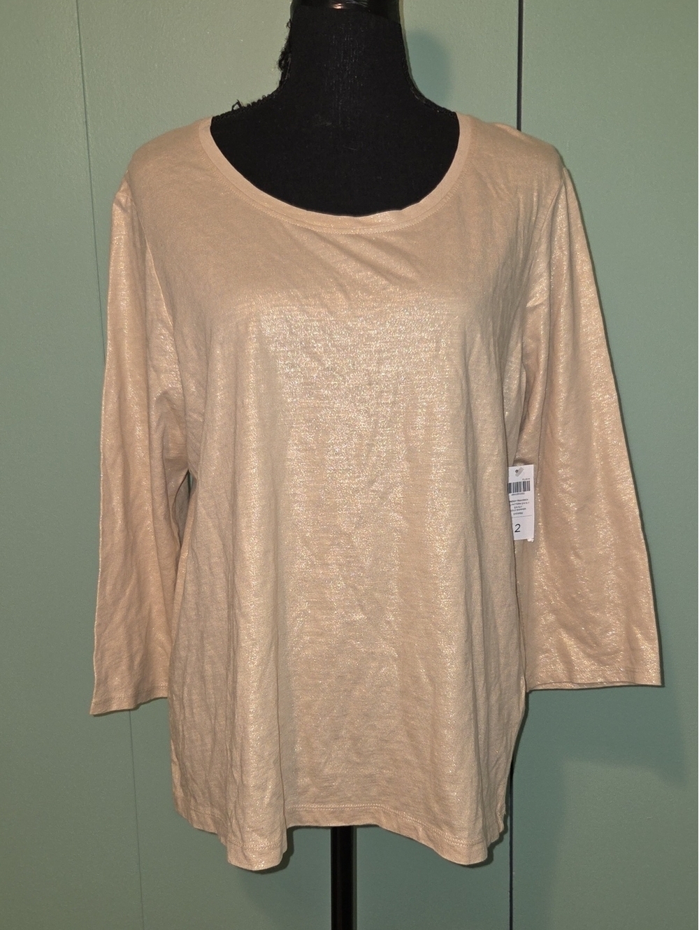 Nwt Chicos Gold Shimmery Crewneck 3 Quarter Sleeve Top Size Large